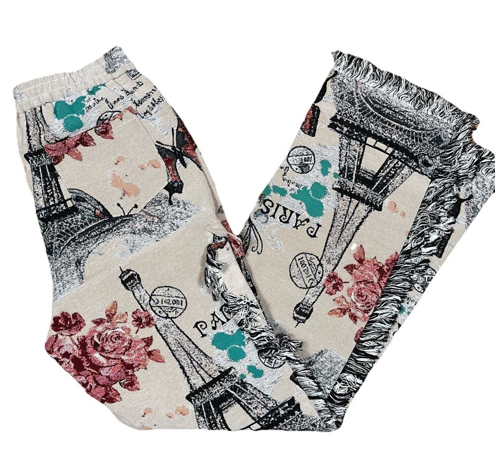 Guapi Tapestry Pants Size 36‎ Tag Butterfly Eiffel Tower Paris Fringe Unique
